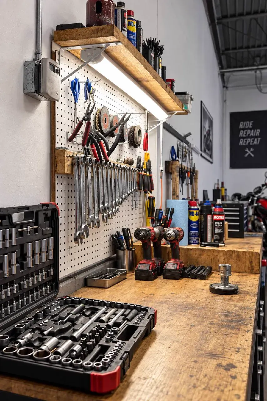 Workbench with socket sets and tools at TT Sport Garage