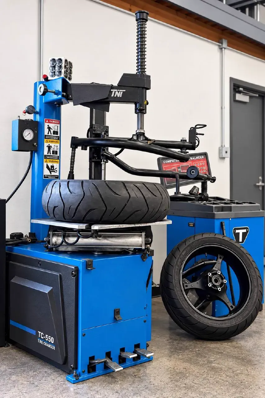 Motorcycle tire changer and computer wheel balancer at TT Sport Garage