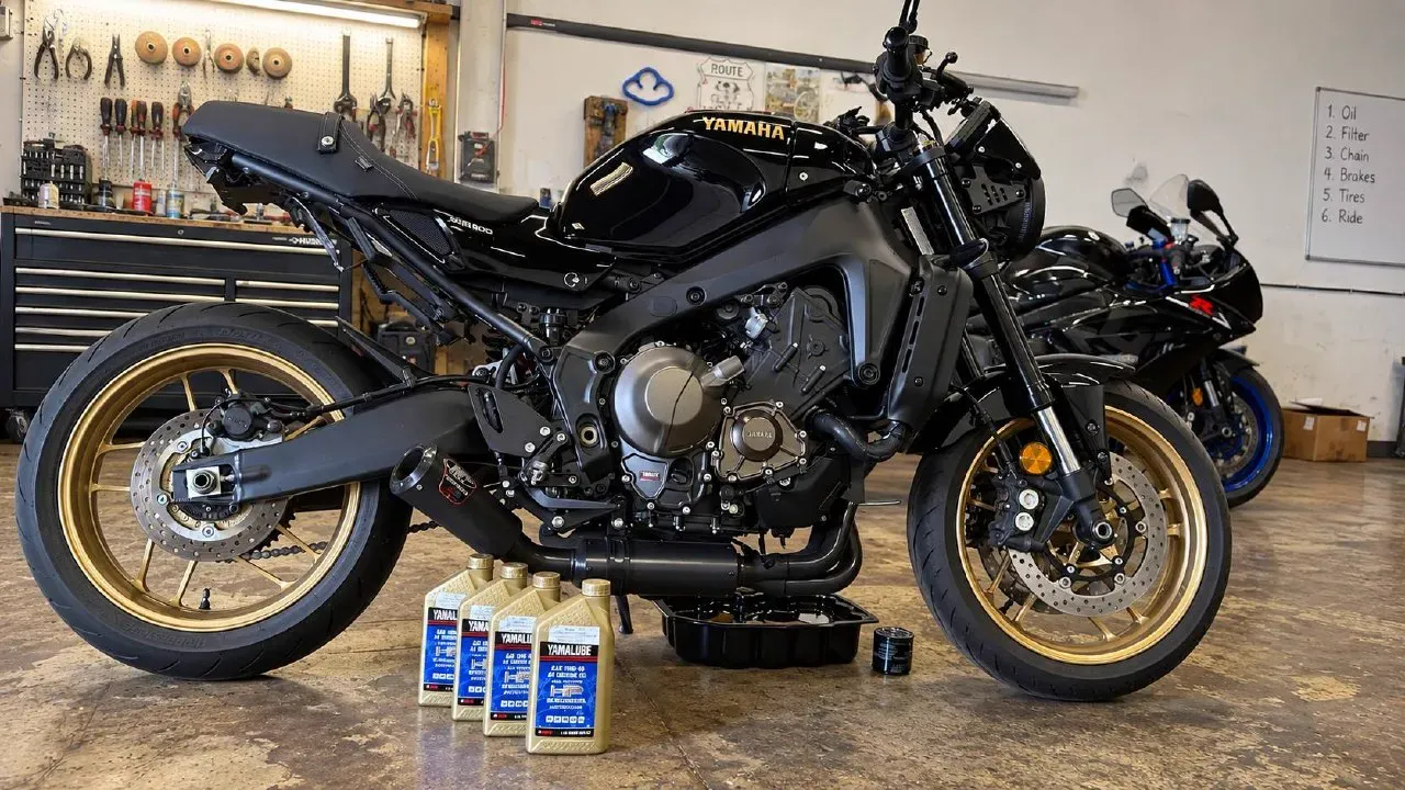 Yamaha XSR900 during an oil and filter change with Yamalube oil at TT Sport Garage